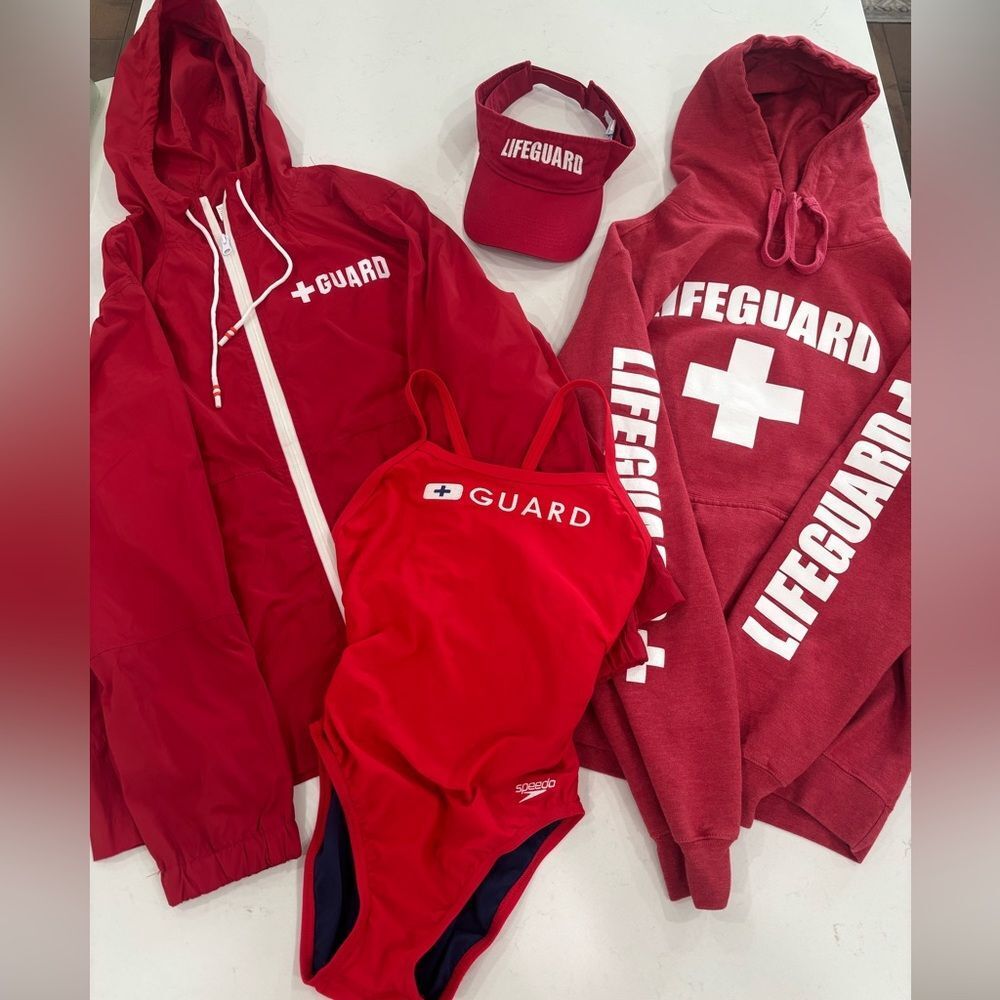 Red Lifeguard Bundle - Hoodie, Windbreaker, Cap, Speedo Bathing Suit Gently Used